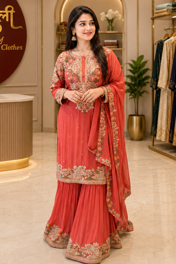 Rust orange apple cut sharara suit 