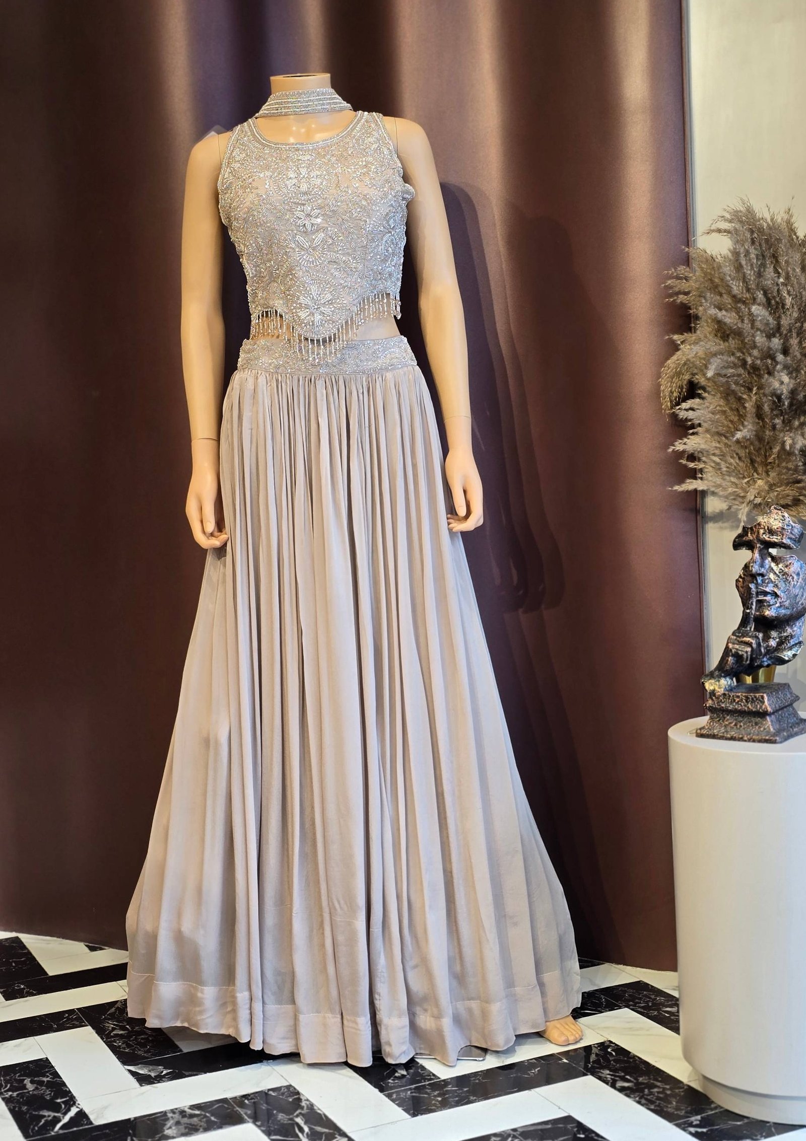 Grey crop top with Zardosi embroidery 